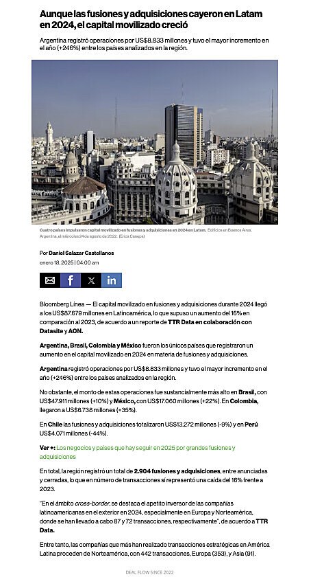 Aunque las fusiones y adquisiciones cayeron en Latam en 2024, el capital movilizado creci